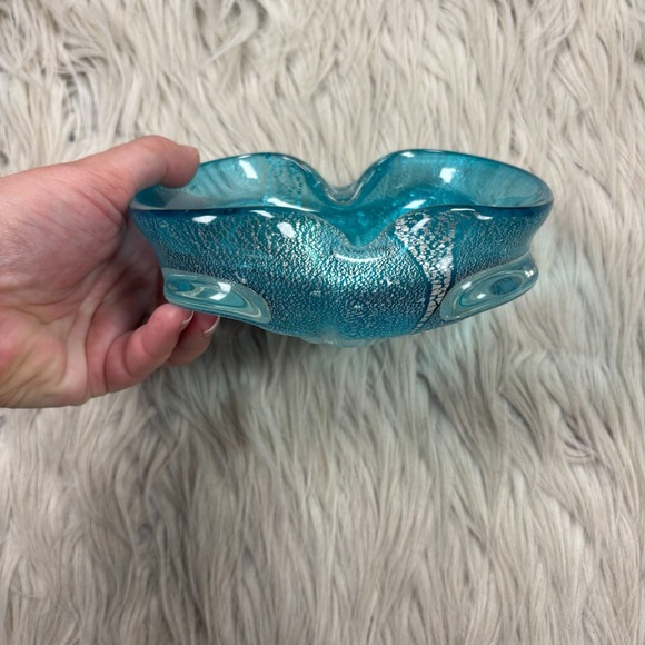 Murano Ashtray Dish Catchall Italian Venetian Teal Blue Metallic Heavy Artisan - Picture 6 of 7